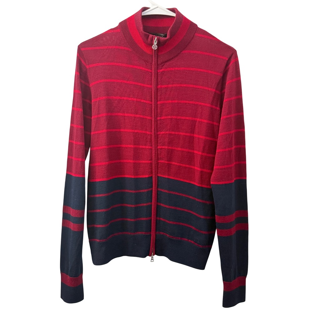 G/FORE Mens 100% Wool Full Zip Striped Golf Sweater Red Navy Blue Size M
